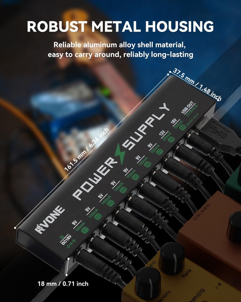 RVONE Guitar Pedal Power Supply, 10 Isolated DC Output for 9V/12V/18V Effect Pedal, Circuit Protection, Noise Reduction, 100mA 500mA USB Pedalboard Power Supply - Image 5